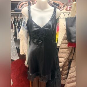 Linea Donatella Black Satin Dress with Embellished Front